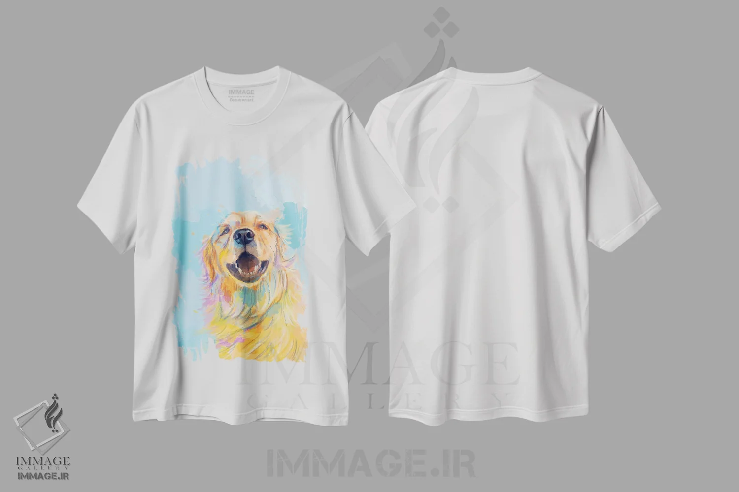 تیشرت سفید طرح دار لبخند طلایی – پرترهٔ گلدن رتریور، هنر دیجیتال اثر فلو آرت استودیو | immage.ir