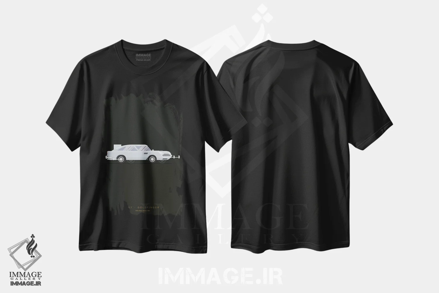 تیشرت مشکی طرح دار گلدفینگر، پوستر مینیمال فیلم های اکشن و ماجراجویی اثر فرد بیرچال | فروشگاه ایماژ