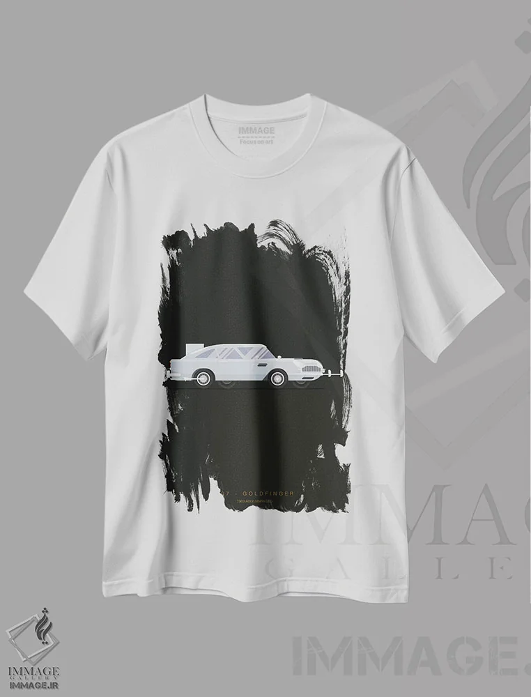 تیشرت سفید طرح دار گلدفینگر، پوستر مینیمال فیلم های اکشن و ماجراجویی اثر فرد بیرچال | immage.ir