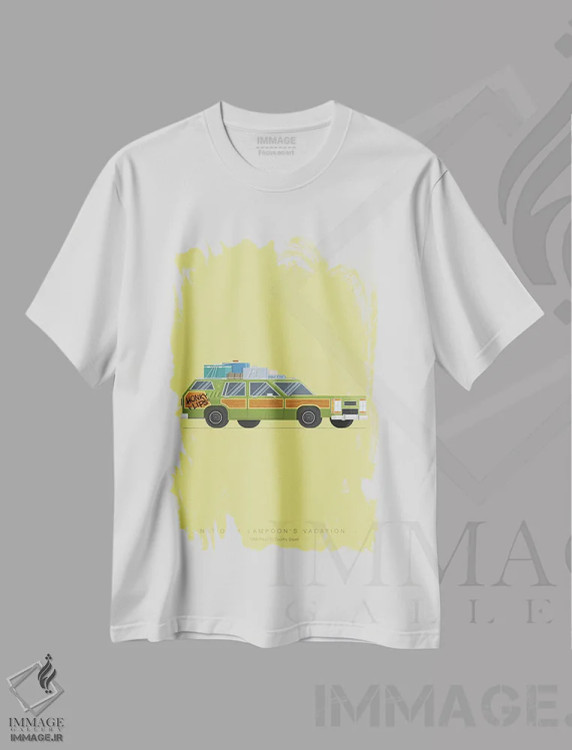 تیشرت سفید طرح دار تعطیلات نشنال لمپون، پوستر مینیمال فیلم های اکشن و ماجراجویی اثر فرد بیرچال | فروشگاه ایماژ