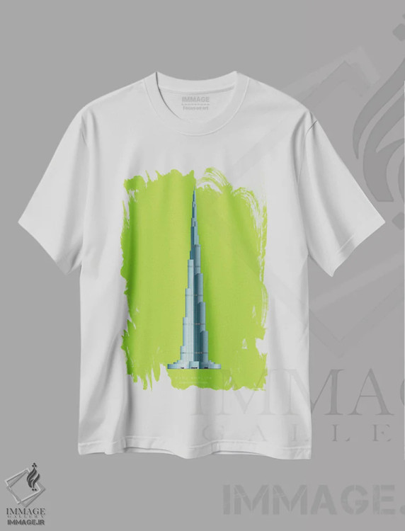 تیشرت سفید طرح دار برج خلیفه – دبی، امارات متحده عربی، هنر دیجیتال اثر فرد بیرچال | فروشگاه ایماژ