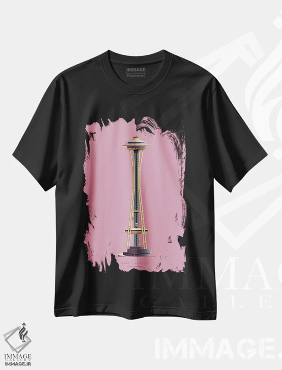 تیشرت مشکی طرح دار برج سوزنی فضایی – سیاتل، آمریکا، هنر دیجیتال اثر فرد بیرچال | فروشگاه ایماژ
