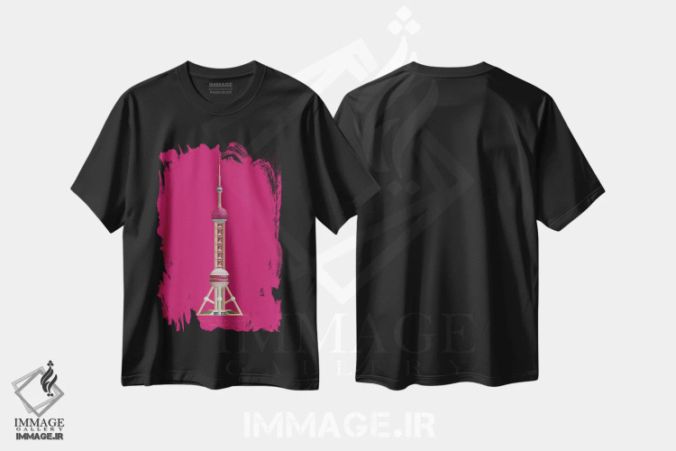 تیشرت مشکی طرح دار برج مروارید شرق – شانگهای، چین، هنر دیجیتال اثر فرد بیرچال | immage.ir