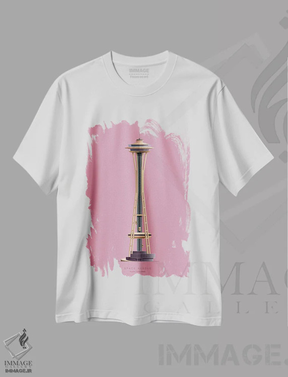 تیشرت سفید طرح دار برج سوزنی فضایی – سیاتل، آمریکا، هنر دیجیتال اثر فرد بیرچال | immage.ir
