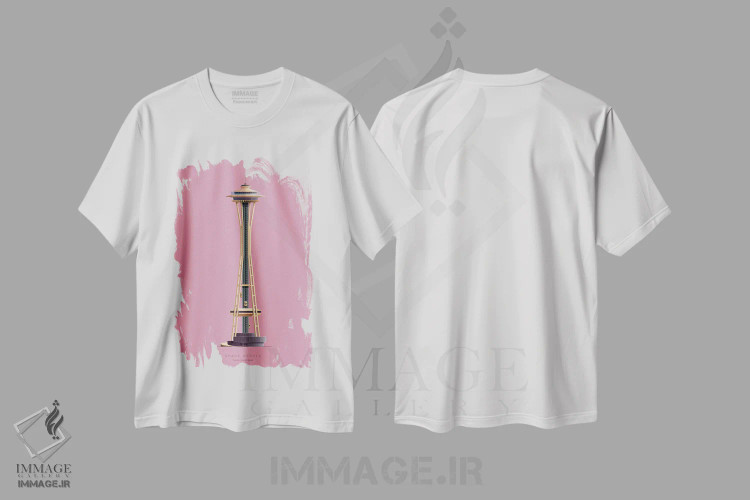 تیشرت سفید طرح دار برج سوزنی فضایی – سیاتل، آمریکا، هنر دیجیتال اثر فرد بیرچال | immage.ir