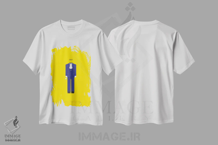 تیشرت سفید طرح دار آستین پاورز، پوستر مینیمال فیلم های کمدی اثر فرد بیرچال | فروشگاه ایماژ