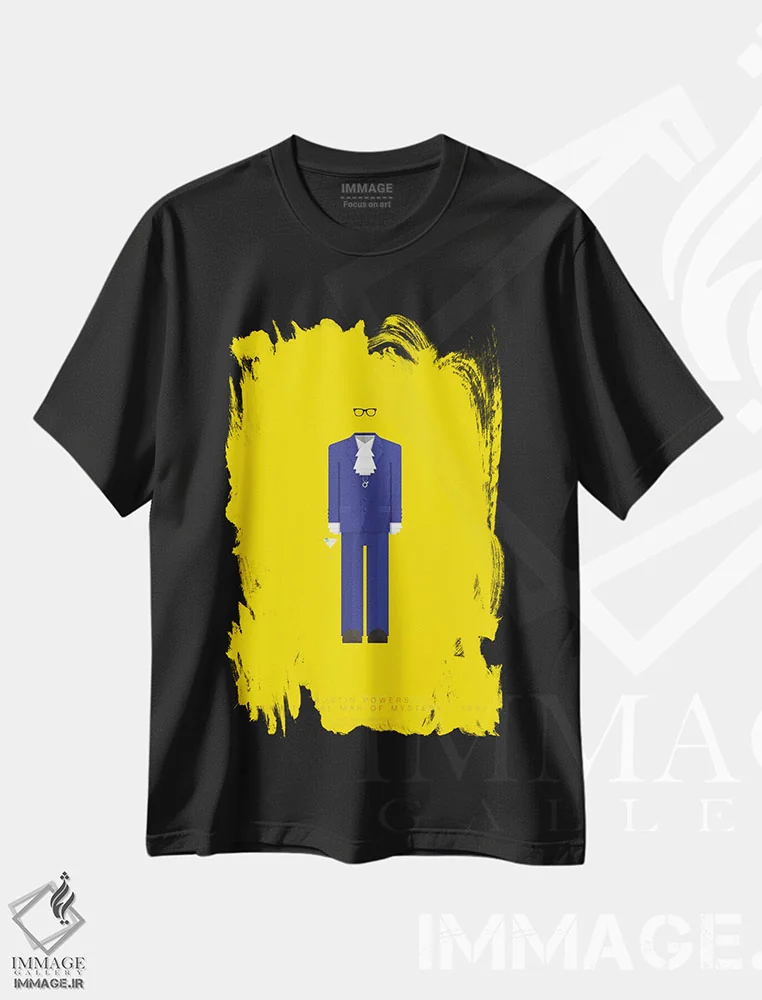 تیشرت مشکی طرح دار آستین پاورز، پوستر مینیمال فیلم های کمدی اثر فرد بیرچال | immage.ir