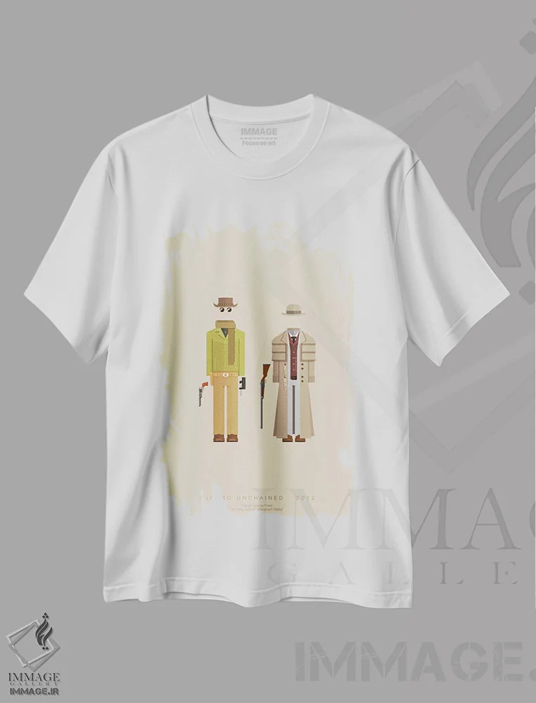 تیشرت سفید طرح دار جانگو رها از بند ۲، پوستر مینیمال فیلم های اکشن و ماجراجویی اثر فرد بیرچال | immage.ir