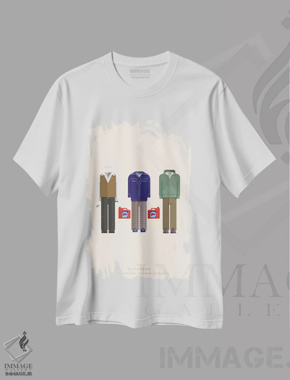 تیشرت سفید طرح دار سوپربد، پوستر مینیمال فیلم های کمدی اثر فرد بیرچال | فروشگاه ایماژ