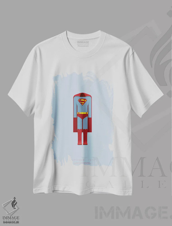 تیشرت سفید طرح دار سوپرمن، پوستر مینیمال فیلم های اکشن و ماجراجویی اثر فرد بیرچال | immage.ir