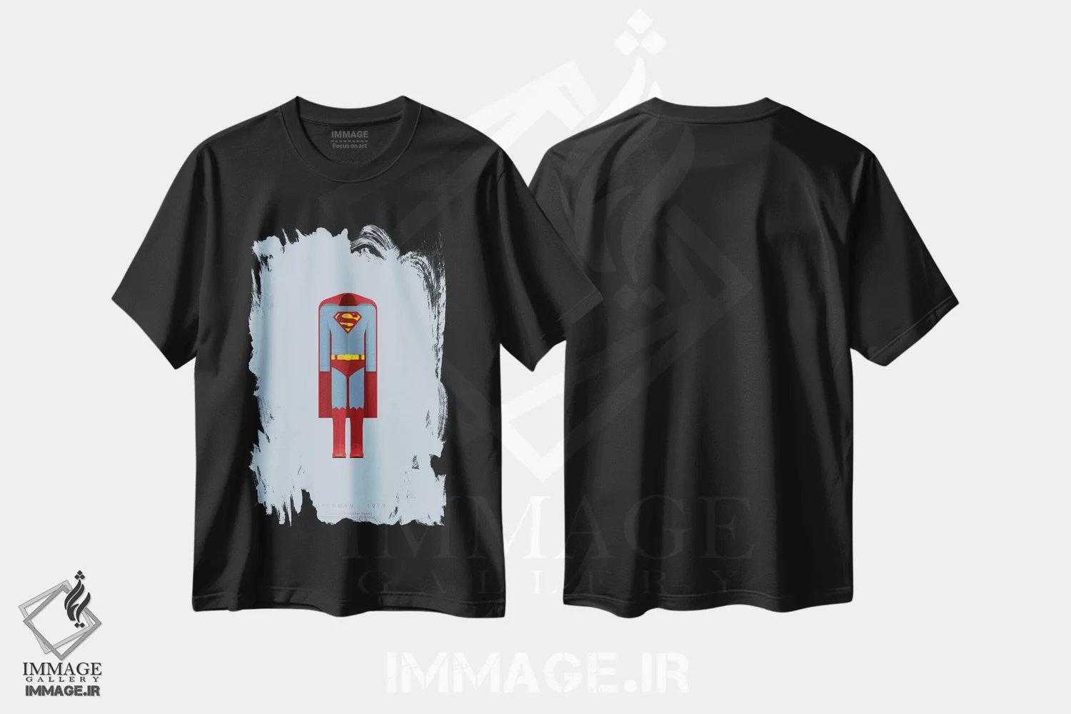 تیشرت مشکی طرح دار سوپرمن، پوستر مینیمال فیلم های اکشن و ماجراجویی اثر فرد بیرچال | فروشگاه ایماژ