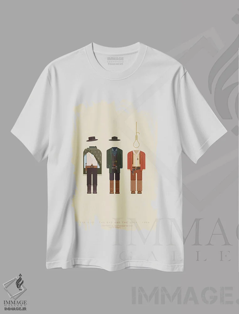 تیشرت سفید طرح دار خوب، بد، زشت، پوستر مینیمال فیلم های اکشن و ماجراجویی اثر فرد بیرچال | فروشگاه ایماژ