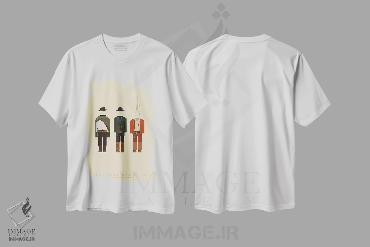 تیشرت سفید طرح دار خوب، بد، زشت، پوستر مینیمال فیلم های اکشن و ماجراجویی اثر فرد بیرچال | فروشگاه ایماژ