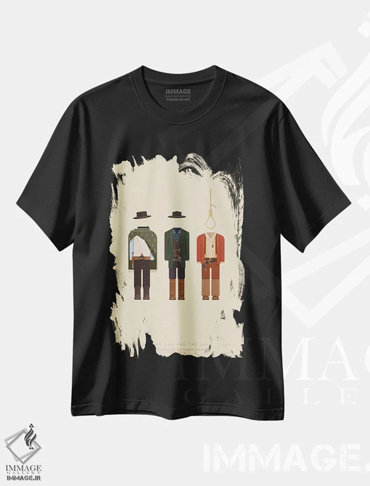 تیشرت مشکی طرح دار خوب، بد، زشت، پوستر مینیمال فیلم های اکشن و ماجراجویی اثر فرد بیرچال | immage.ir