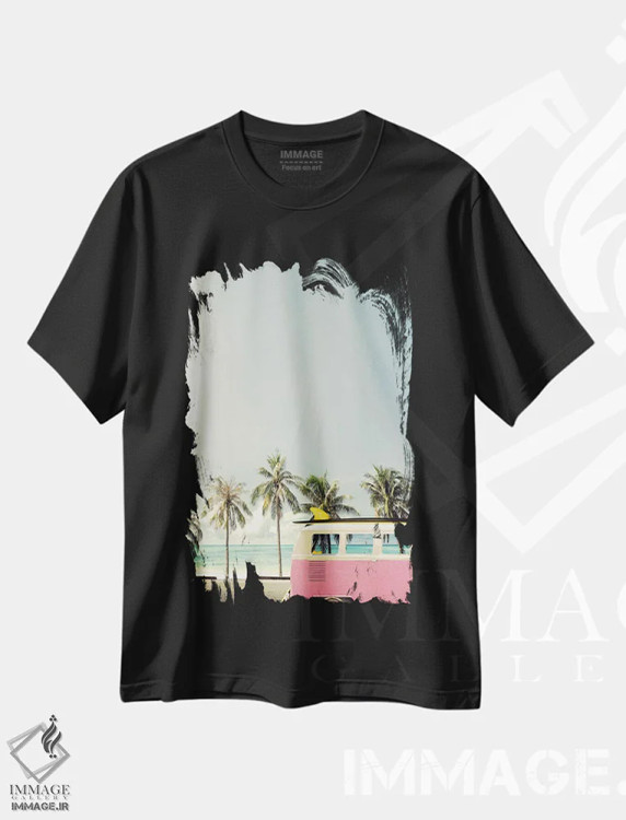 تیشرت مشکی طرح دار اتوبوس ساحلی صورتی، تزئینی اثر دیزاین فابریکن | فروشگاه ایماژ
