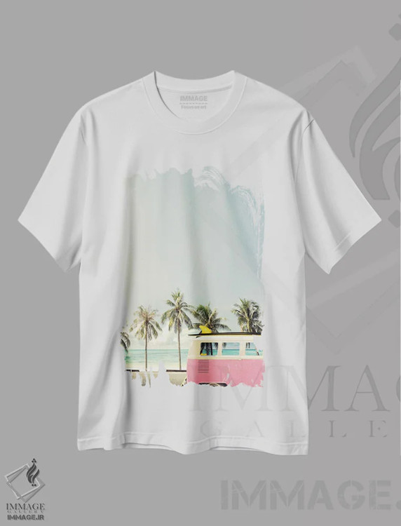 تیشرت سفید طرح دار اتوبوس ساحلی صورتی، تزئینی اثر دیزاین فابریکن | immage.ir