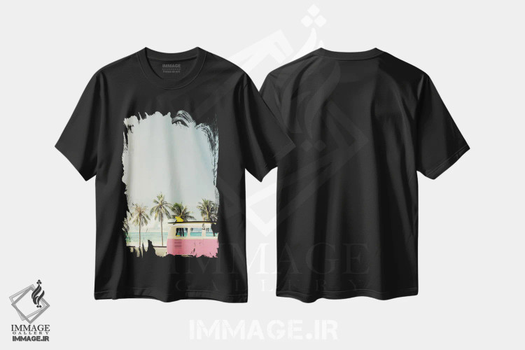 تیشرت مشکی طرح دار اتوبوس ساحلی صورتی، تزئینی اثر دیزاین فابریکن | فروشگاه ایماژ