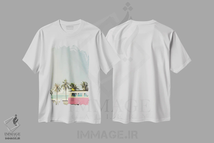 تیشرت سفید طرح دار اتوبوس ساحلی صورتی، تزئینی اثر دیزاین فابریکن | immage.ir