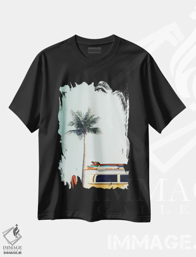 تیشرت مشکی طرح دار اتوبوس ساحلی زرد، تزئینی اثر دیزاین فابریکن | فروشگاه ایماژ