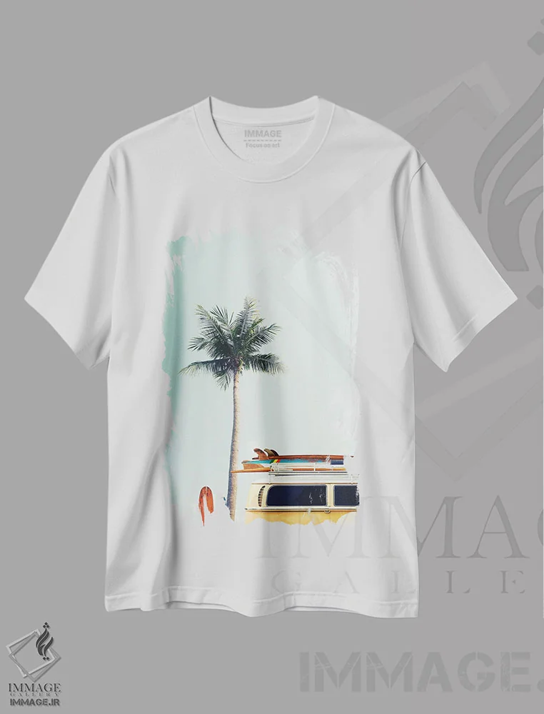 تیشرت سفید طرح دار اتوبوس ساحلی زرد، تزئینی اثر دیزاین فابریکن | immage.ir
