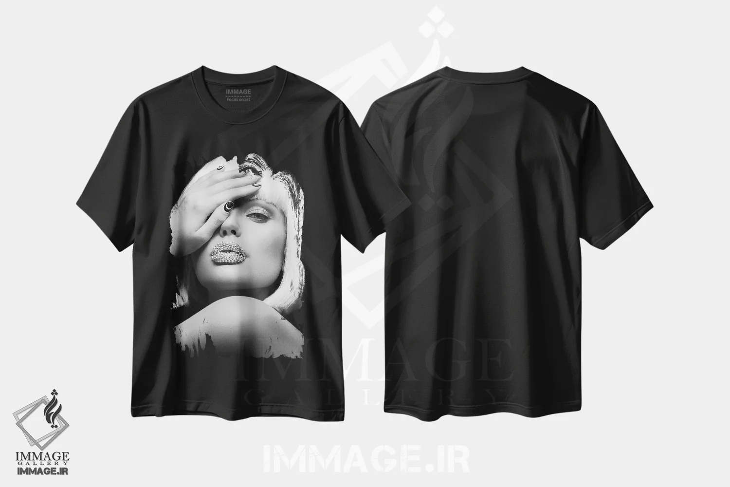 تیشرت مشکی طرح دار لب های الماسی، عکاسی سیاه و سفید اثر دیزاین فابریکن | فروشگاه ایماژ