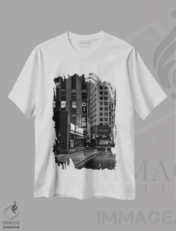 تیشرت سفید طرح دار غذاخوری، عکاسی سیاه و سفید اثر دیزاین فابریکن | فروشگاه ایماژ