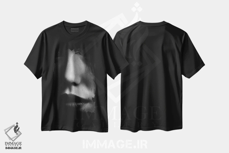 تیشرت مشکی طرح دار چهره ۲، عکاسی سیاه و سفید اثر دیزاین فابریکن | immage.ir