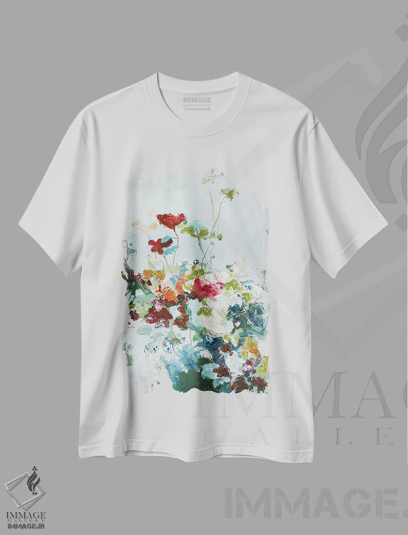 تیشرت سفید طرح دار گل انتزاعی ۱، آبستره اثر دیزاین فابریکن | immage.ir