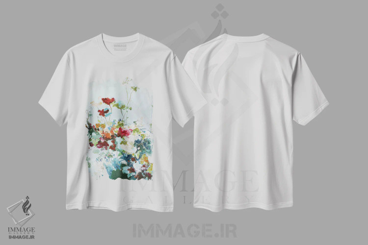 تیشرت سفید طرح دار گل انتزاعی ۱، آبستره اثر دیزاین فابریکن | immage.ir