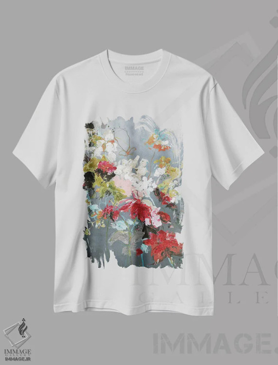 تیشرت سفید طرح دار گل انتزاعی ۲، آبستره اثر دیزاین فابریکن | فروشگاه ایماژ