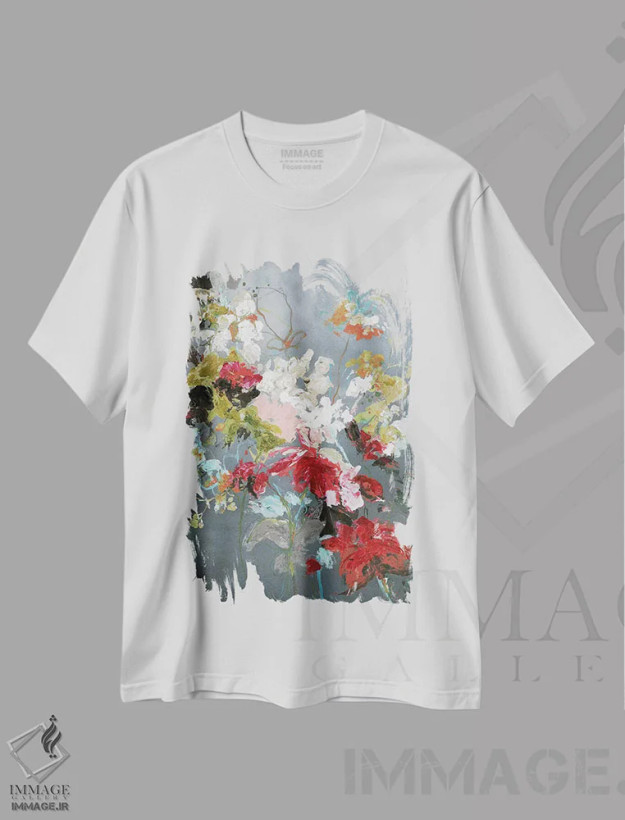 تیشرت سفید طرح دار گل انتزاعی ۲، آبستره اثر دیزاین فابریکن | فروشگاه ایماژ