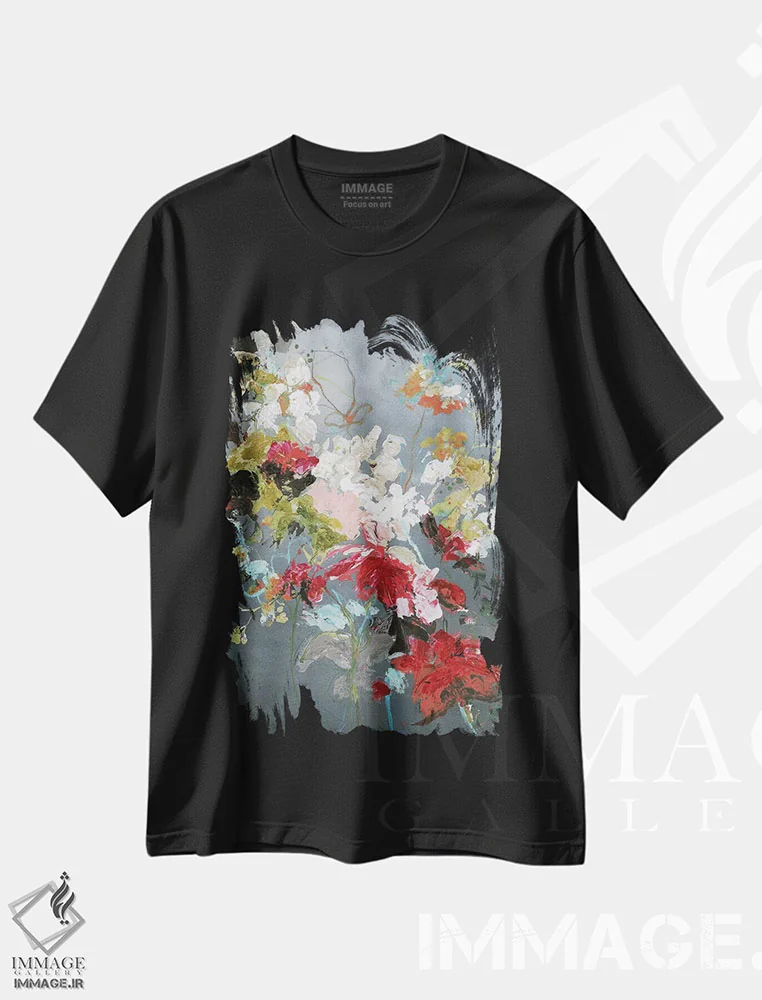 تیشرت مشکی طرح دار گل انتزاعی ۲، آبستره اثر دیزاین فابریکن | immage.ir