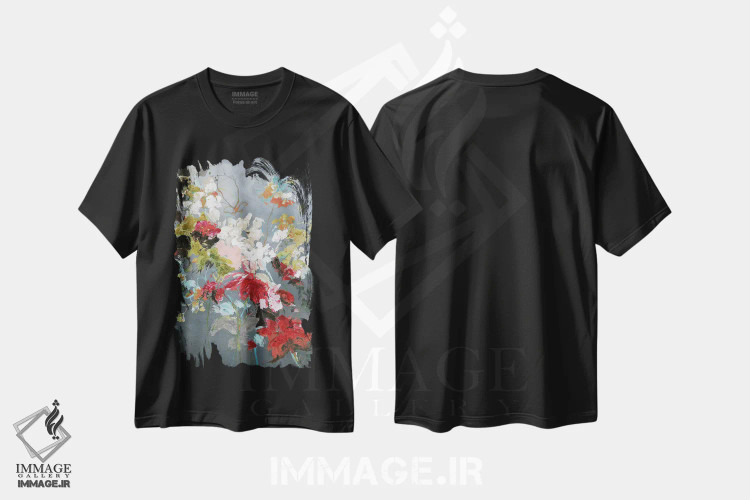 تیشرت مشکی طرح دار گل انتزاعی ۲، آبستره اثر دیزاین فابریکن | immage.ir