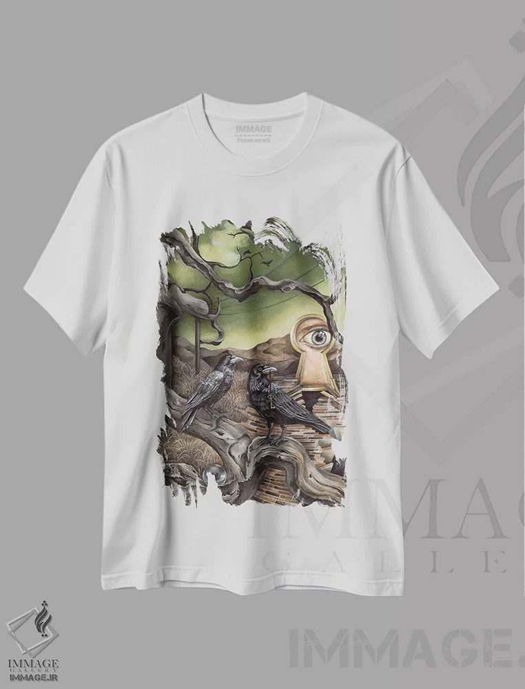 تیشرت سفید طرح دار دو کلاغ سیاه، هنر فاخر معاصر اثر فلورنسیا دگراف | فروشگاه ایماژ