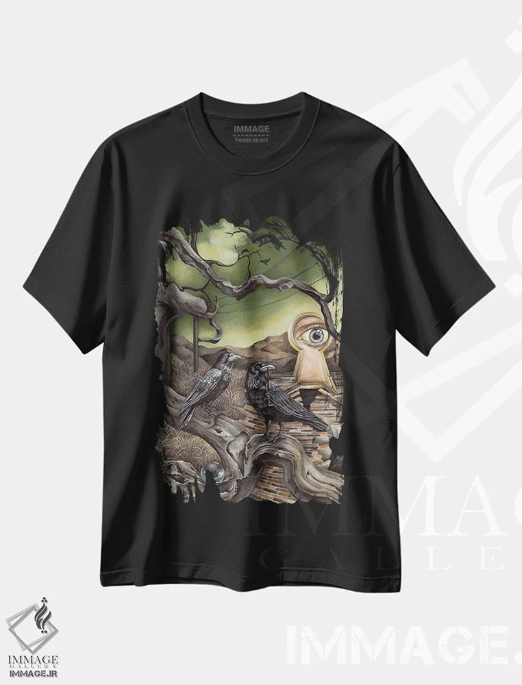 تیشرت مشکی طرح دار دو کلاغ سیاه، هنر فاخر معاصر اثر فلورنسیا دگراف | immage.ir