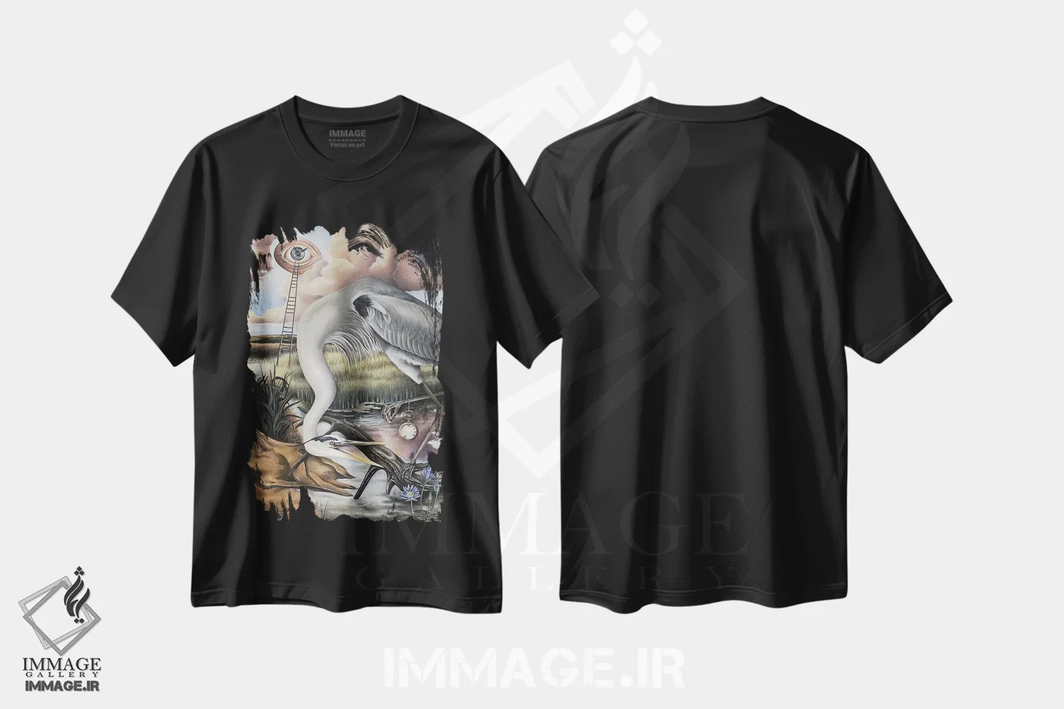 تیشرت مشکی طرح دار حواصیل خاکستری، هنر فاخر معاصر اثر فلورنسیا دگراف | immage.ir