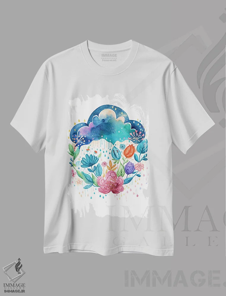 تیشرت سفید طرح دار باران ابری، تزئینی اثر اف ان کی دیزاینز | immage.ir