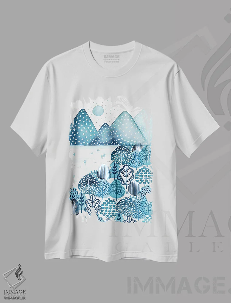 تیشرت سفید طرح دار کوه آبی، تزئینی اثر اف ان کی دیزاینز | فروشگاه ایماژ