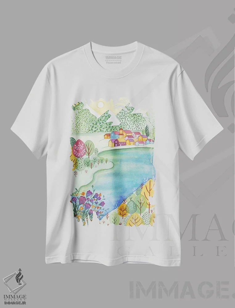 تیشرت سفید طرح دار روستای رویایی، تزئینی اثر اف ان کی دیزاینز | فروشگاه ایماژ