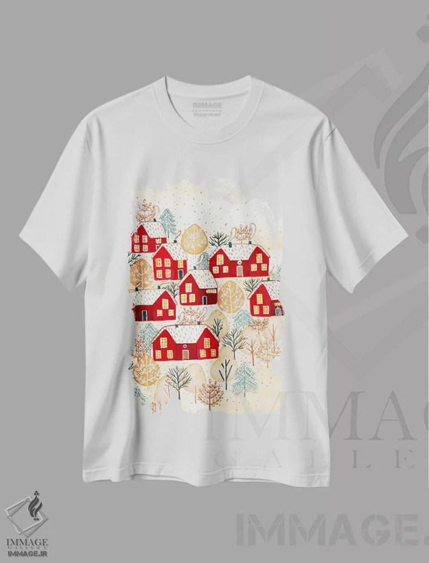 تیشرت سفید طرح دار روستای طلایی زمستانی، تزئینی اثر اف ان کی دیزاینز | فروشگاه ایماژ