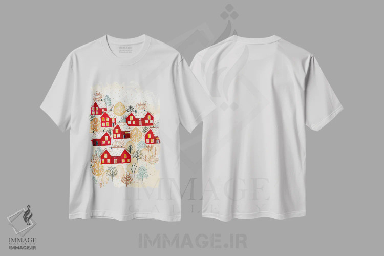 تیشرت سفید طرح دار روستای طلایی زمستانی، تزئینی اثر اف ان کی دیزاینز | فروشگاه ایماژ