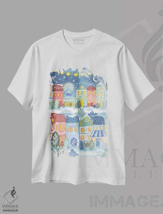 تیشرت سفید طرح دار چراغ های جشن، تزئینی اثر اف ان کی دیزاینز | فروشگاه ایماژ
