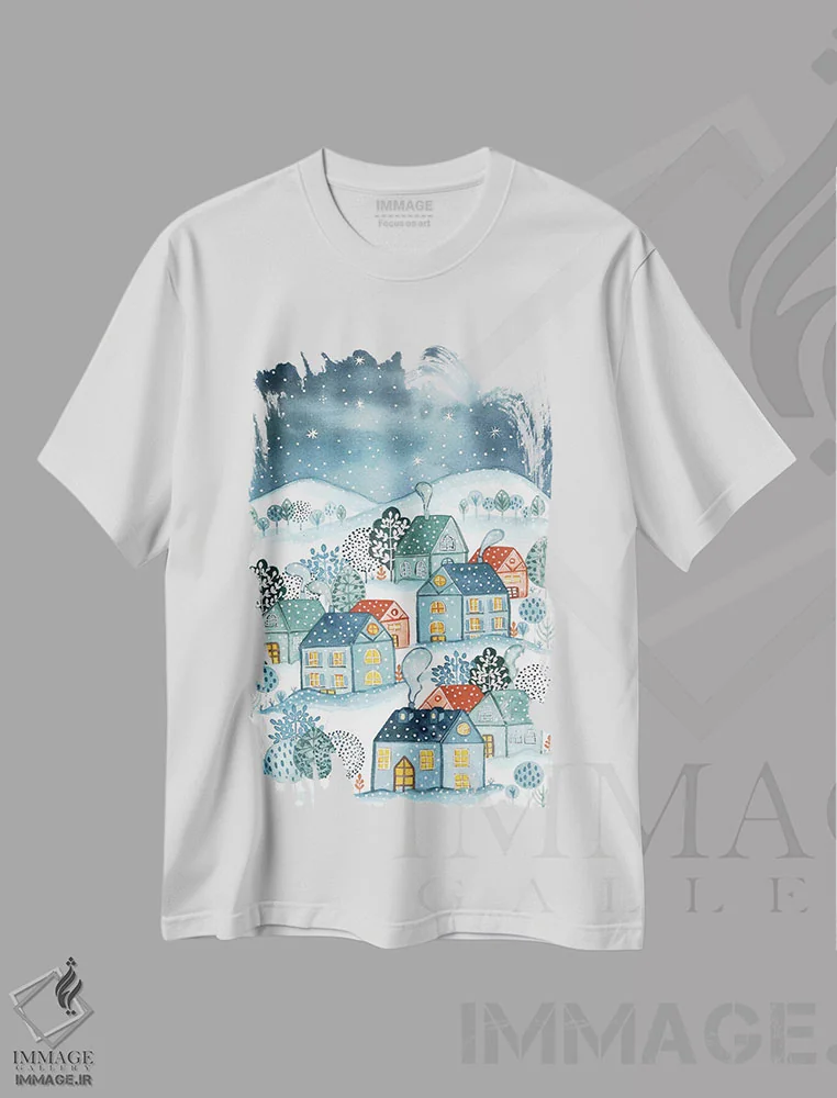 تیشرت سفید طرح دار شب اولین برف، تزئینی اثر اف ان کی دیزاینز | immage.ir
