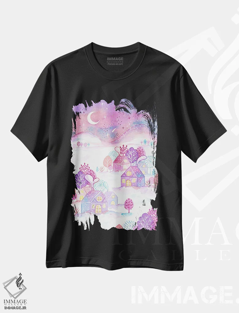 تیشرت مشکی طرح دار گم شده در رنگ های عصر، تزئینی اثر اف ان کی دیزاینز | فروشگاه ایماژ