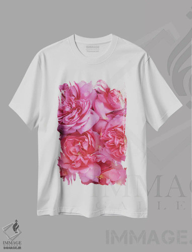 تیشرت سفید طرح دار گلبرگ های رز انگلیسی صورتی، مدیوم اثر آلیسون فنل | فروشگاه ایماژ