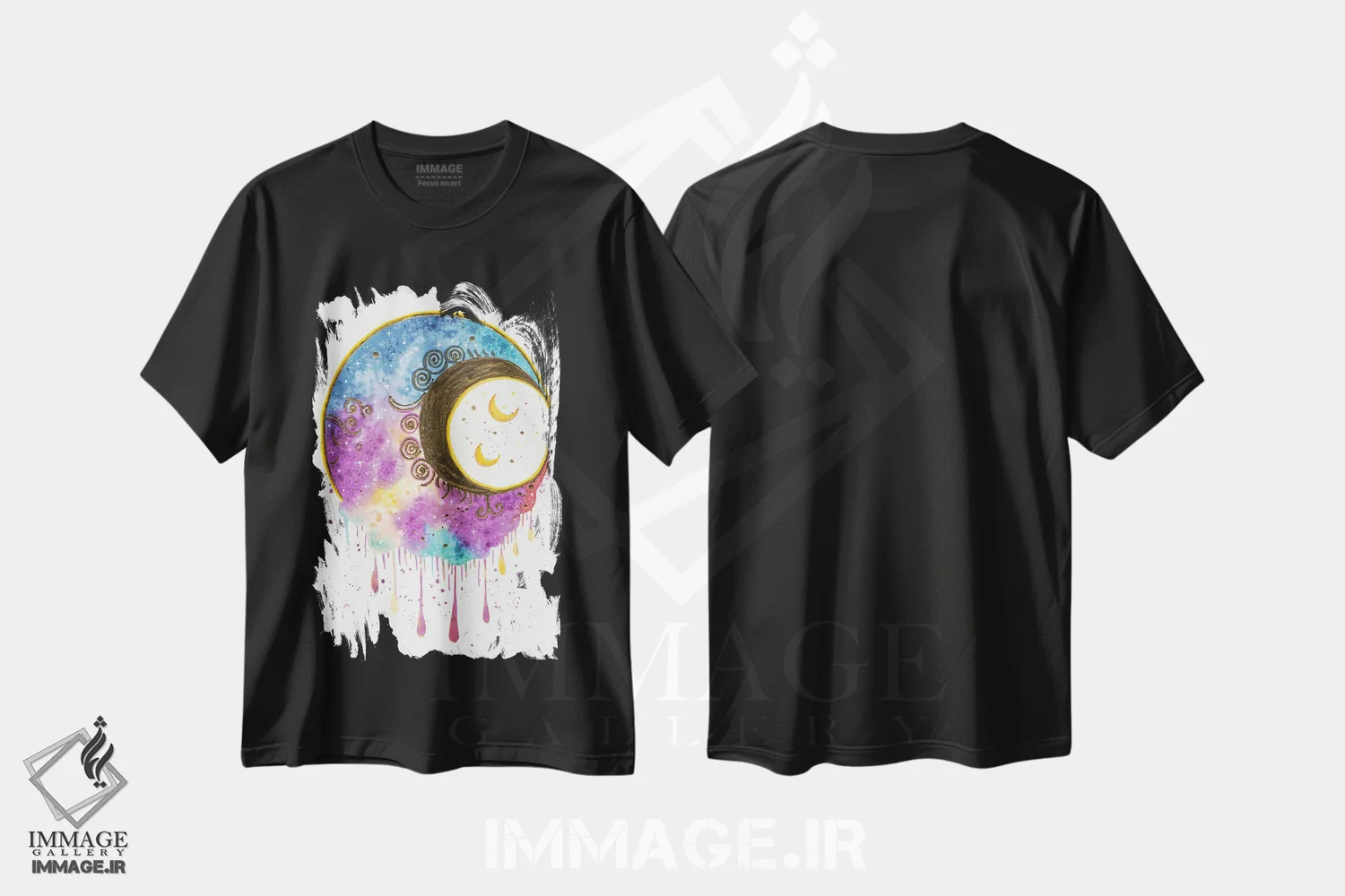 تیشرت مشکی طرح دار ماه با ورق طلا، تزئینی اثر اف ان کی دیزاینز | فروشگاه ایماژ
