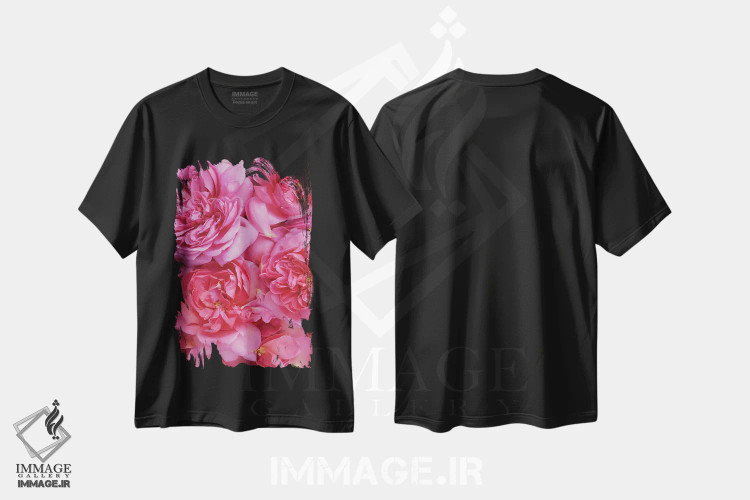 تیشرت مشکی طرح دار گلبرگ های رز انگلیسی صورتی، مدیوم اثر آلیسون فنل | immage.ir