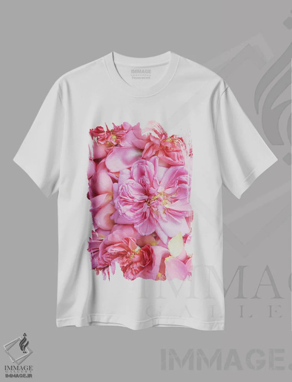 تیشرت سفید طرح دار گلبرگ های رز انگلیسی صورتی دو، مدیوم اثر آلیسون فنل | immage.ir