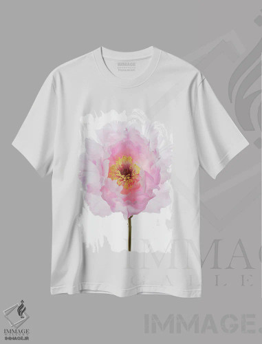 تیشرت سفید طرح دار گل صدتومانی درختی صورتی، تزئینی اثر آلیسون فنل | فروشگاه ایماژ