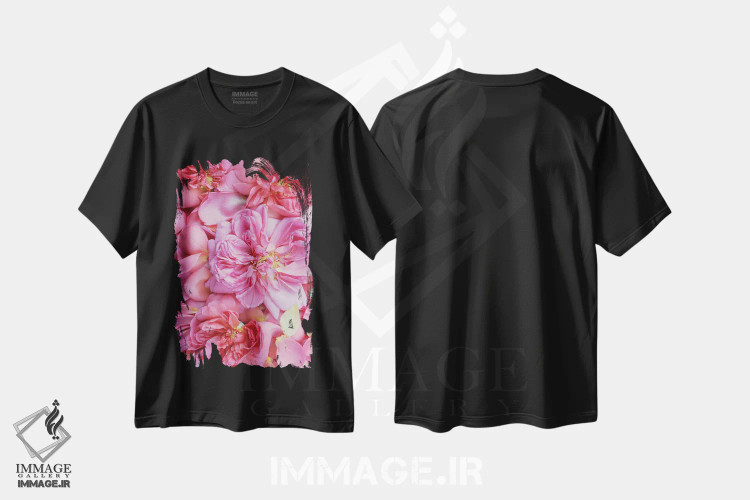 تیشرت مشکی طرح دار گلبرگ های رز انگلیسی صورتی دو، مدیوم اثر آلیسون فنل | فروشگاه ایماژ
